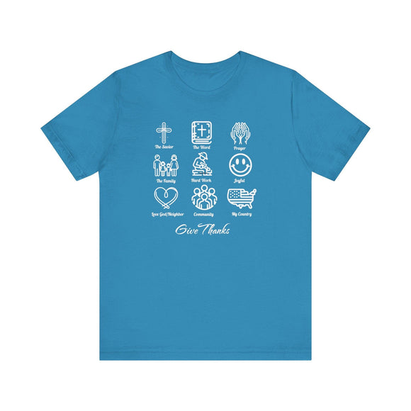 Icons of Faith and Life T-Shirt - Nine Christian Virtues and American Life Design - Encore2woAquaS