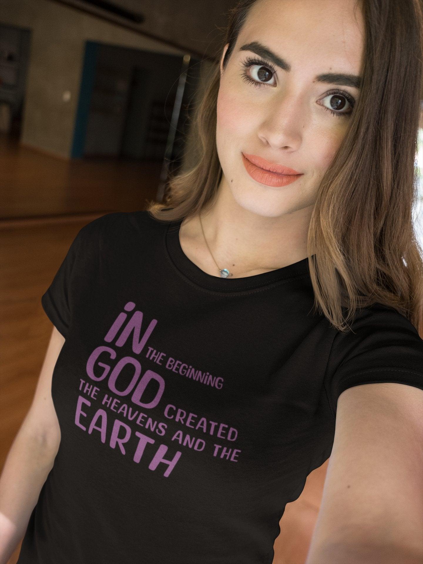 In the Beginning T - Shirt Genesis Creation Quote Tee Christian Inspirational Apparel - Encore2woWhiteS