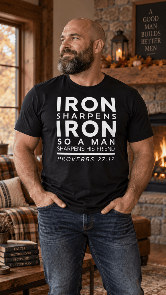 Iron Sharpens Iron Christian T-Shirt for Men – Proverbs 27:17 - Encore2woBlackS