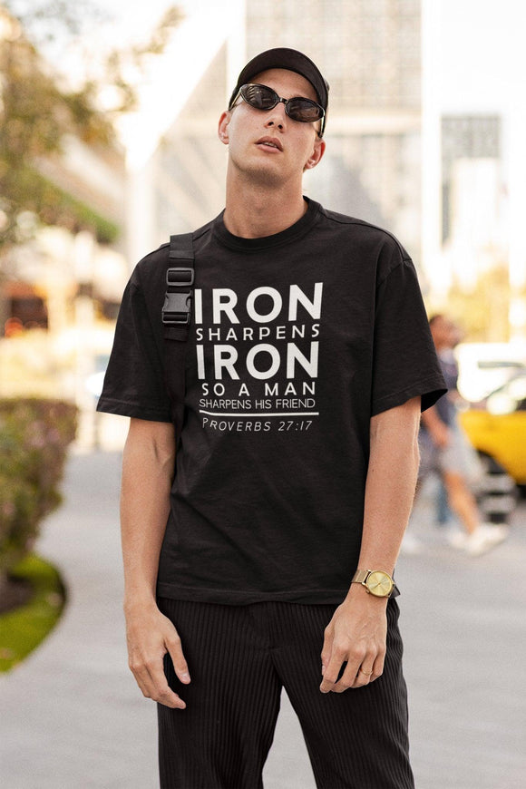 Iron Sharpens Iron T-Shirt - Proverbs 27:17 Inspirational Quote Tee - Encore2woBlackL
