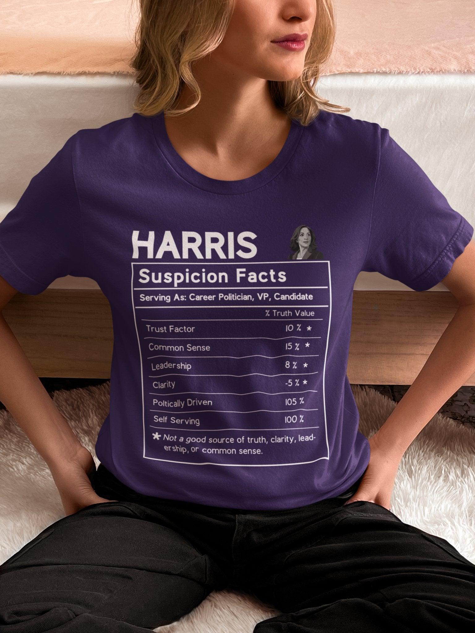 Kamala Harris Suspicion Facts Political Satire T - Shirt - Nutrition Label Design - Encore2woTeam PurpleS