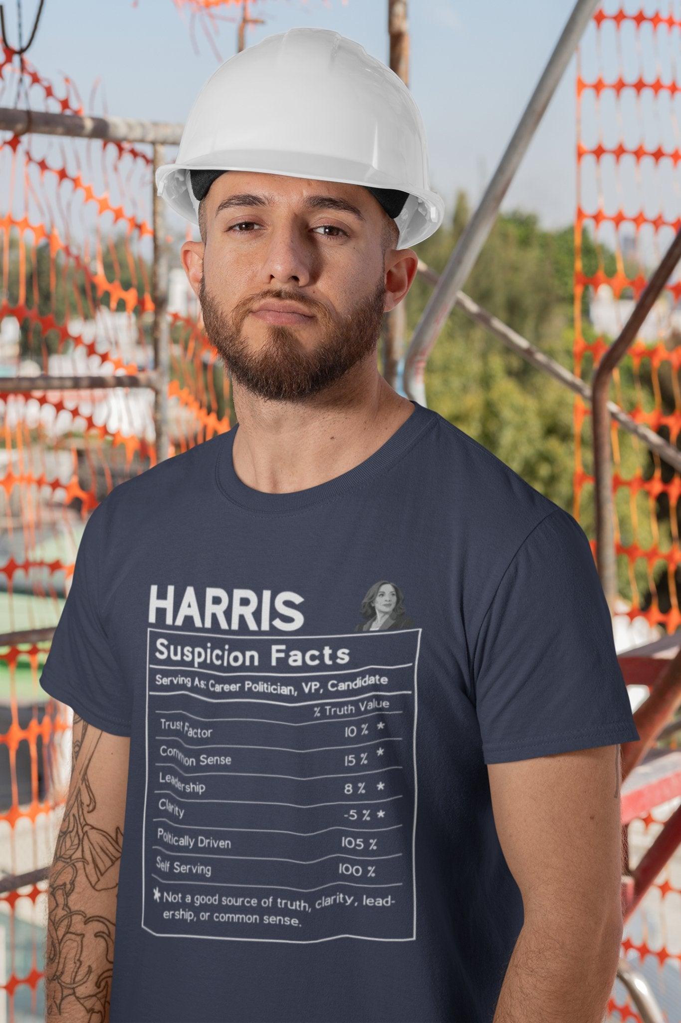 Kamala Harris Suspicion Facts Political Satire T - Shirt - Nutrition Label Design - Encore2woTeam PurpleS