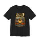 Light Shines in Darkness Tee — Christian Lantern Pumpkin Fall Halloween Shirt - Encore2woTeam PurpleS