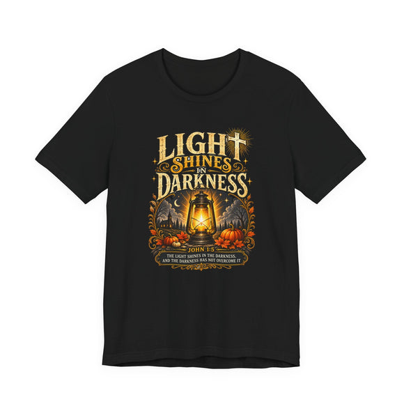 Light Shines in Darkness Tee — Christian Lantern Pumpkin Fall Halloween Shirt - Encore2woTeam PurpleS