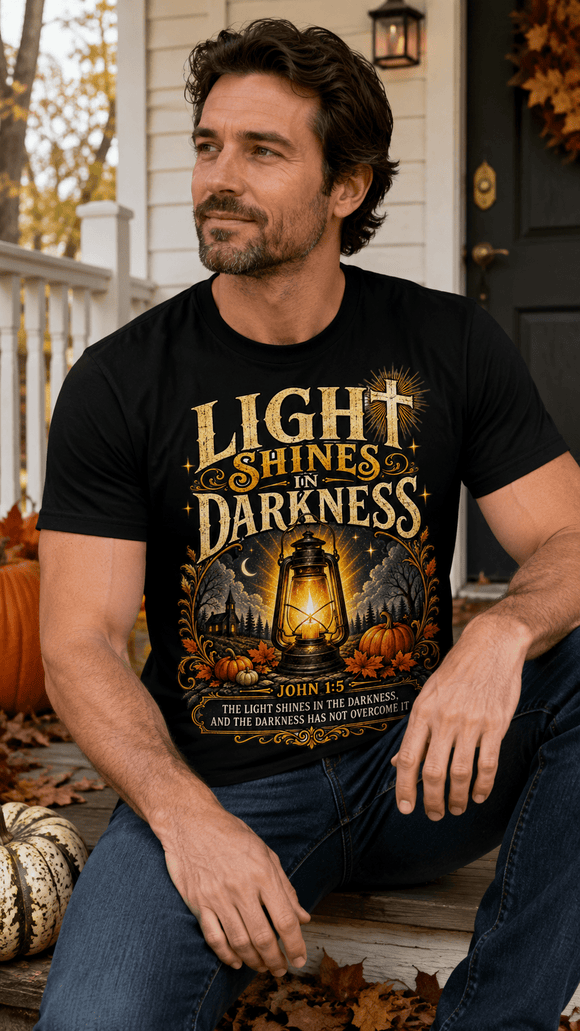 Light Shines in Darkness Tee — Christian Lantern Pumpkin Fall Halloween Shirt - Encore2woBlackS