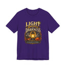 Light Shines in Darkness Tee — Christian Lantern Pumpkin Fall Halloween Shirt - Encore2woTeam PurpleS