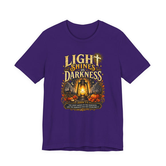 Light Shines in Darkness Tee — Christian Lantern Pumpkin Fall Halloween Shirt - Encore2woTeam PurpleS