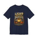 Light Shines in Darkness Tee — Christian Lantern Pumpkin Fall Halloween Shirt - Encore2woTeam PurpleS