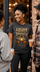 Light Shines in Darkness Tee — Christian Lantern Pumpkin Fall Halloween Shirt - Encore2woAsphaltS