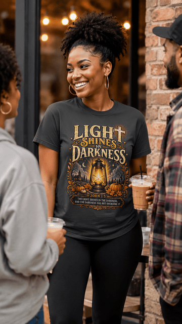 Light Shines in Darkness Tee — Christian Lantern Pumpkin Fall Halloween Shirt - Encore2woAsphaltS