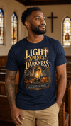 Light Shines in Darkness Tee — Christian Lantern Pumpkin Fall Halloween Shirt - Encore2woNavyS