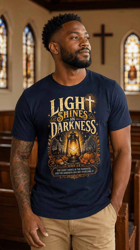 Light Shines in Darkness Tee — Christian Lantern Pumpkin Fall Halloween Shirt - Encore2woNavyS