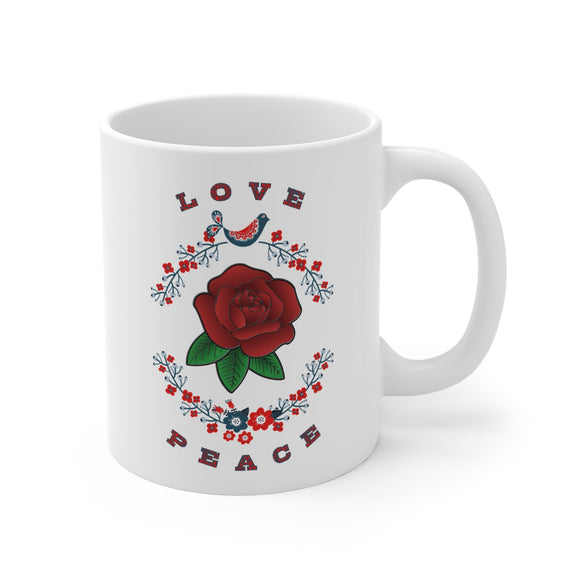 Love and Peace Floral Mug – Boho Rose & Bird 11oz Ceramic - Encore2wo11oz