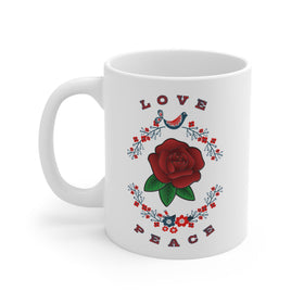 Love and Peace Floral Mug – Boho Rose & Bird 11oz Ceramic - Encore2wo11oz