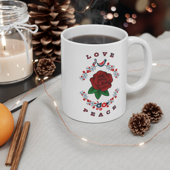 Love and Peace Floral Mug – Boho Rose & Bird 11oz Ceramic - Encore2wo11oz