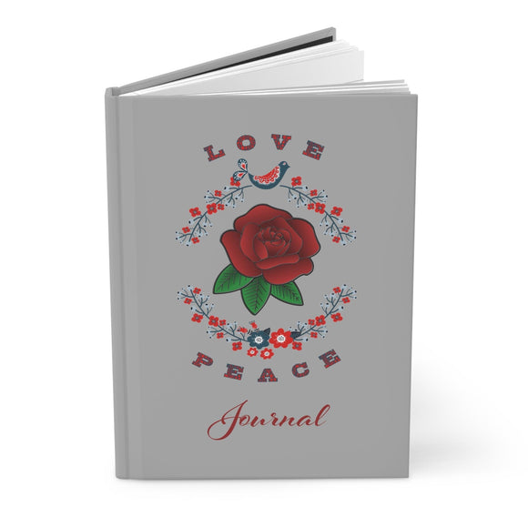 Love and Peace Gray Hardcover Journal with Red Rose - Encore2woJournal