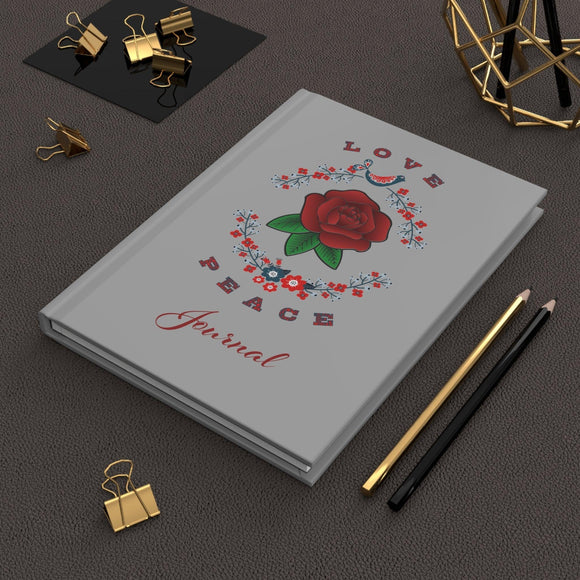 Love and Peace Gray Hardcover Journal with Red Rose - Encore2woJournal