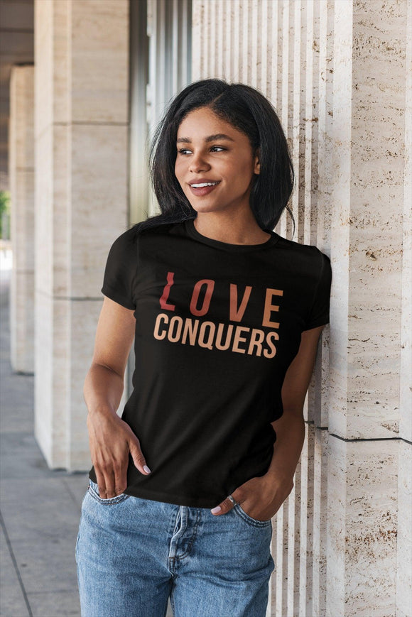 Love Conquers T-Shirt | Colorful Tee | Inspirational Apparel - Encore2woHeather Team PurpleL