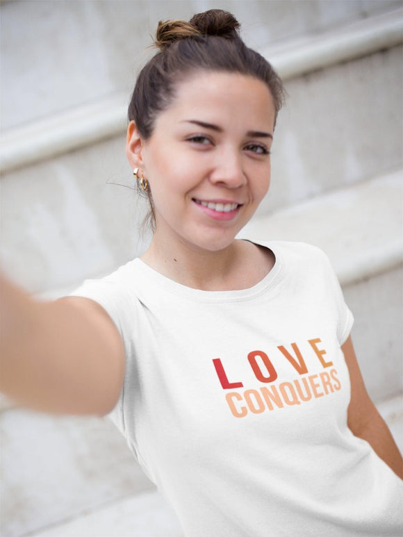 Love Conquers T-Shirt | Colorful Tee | Inspirational Apparel - Encore2woCardinalXS