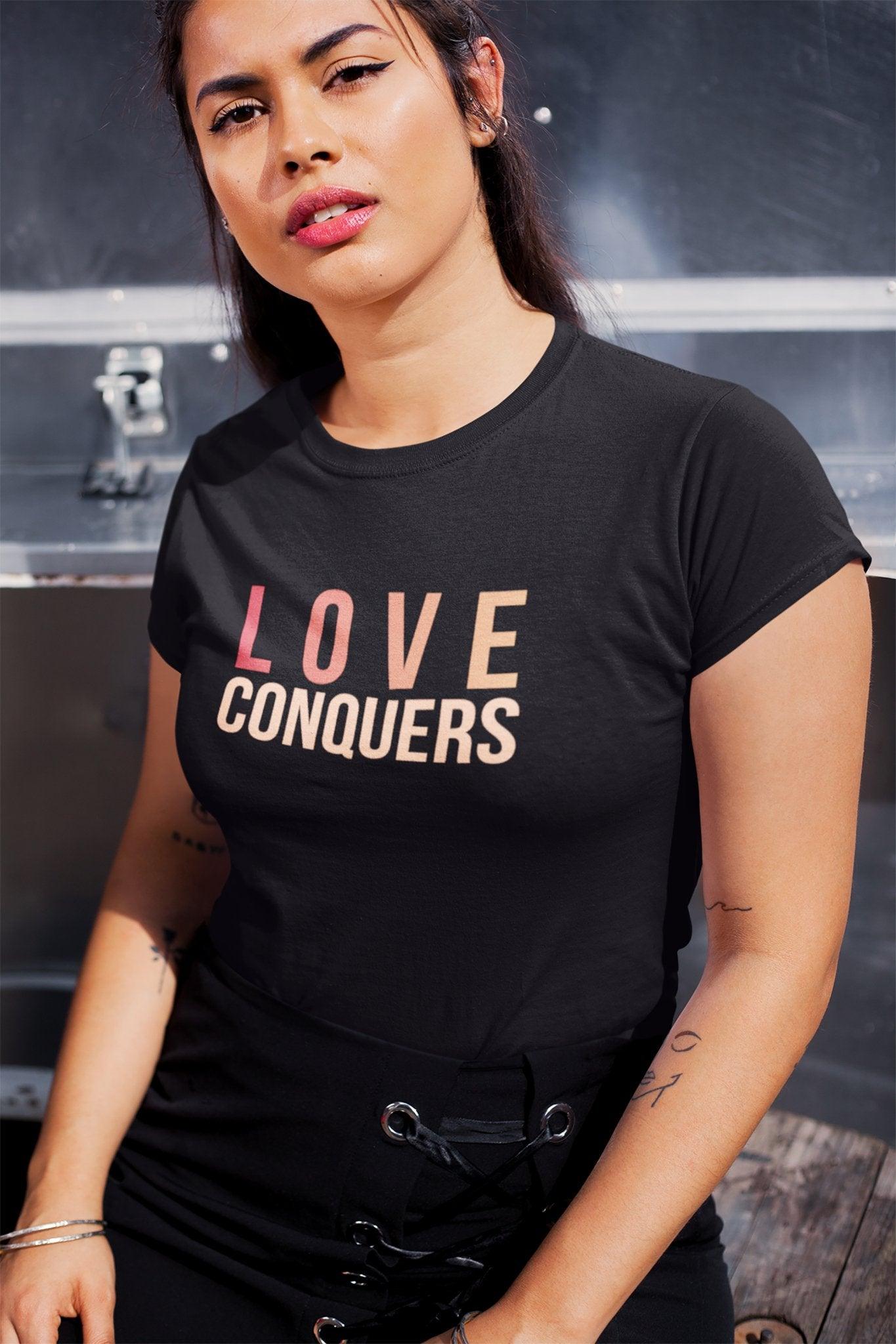 Love Conquers T - Shirt | Colorful Tee | Inspirational Apparel - Encore2woCardinalXS