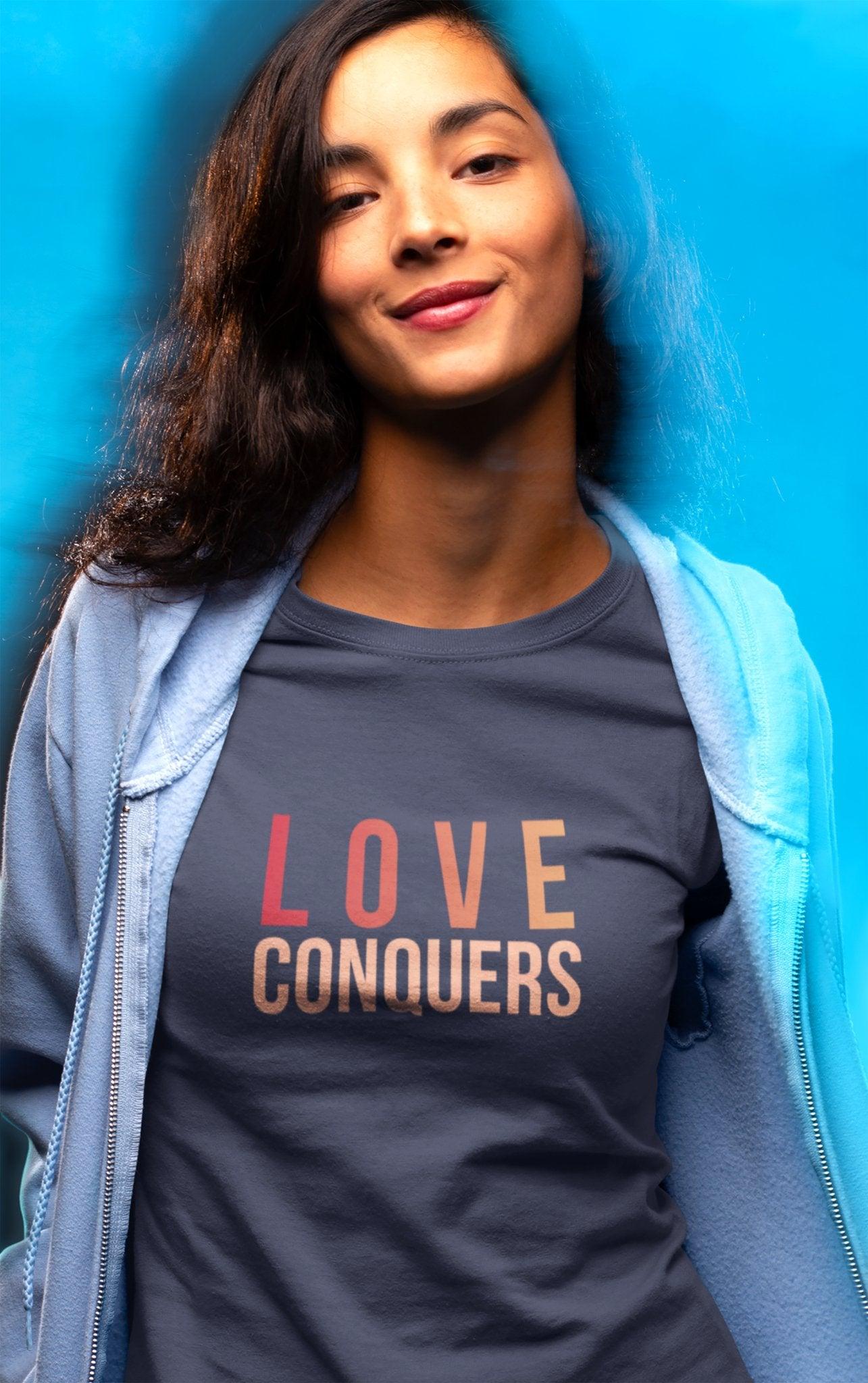 Love Conquers T - Shirt | Colorful Tee | Inspirational Apparel - Encore2woCardinalXS