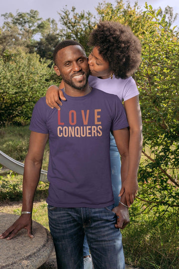 Love Conquers Unisex Short Sleeve Tee - Encore2woHeather Team PurpleL