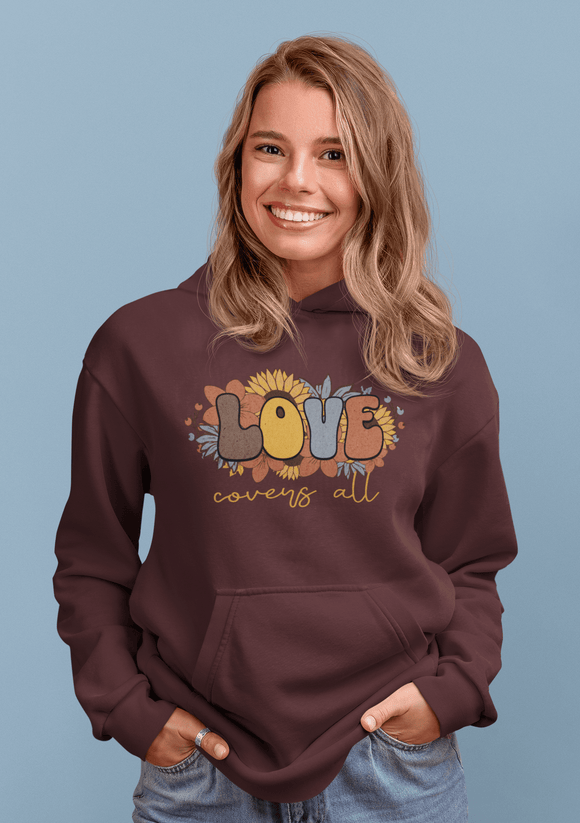 Love Covers All Floral Hoodie Inspirational Faith Sweatshirt - Encore2woMaroonM