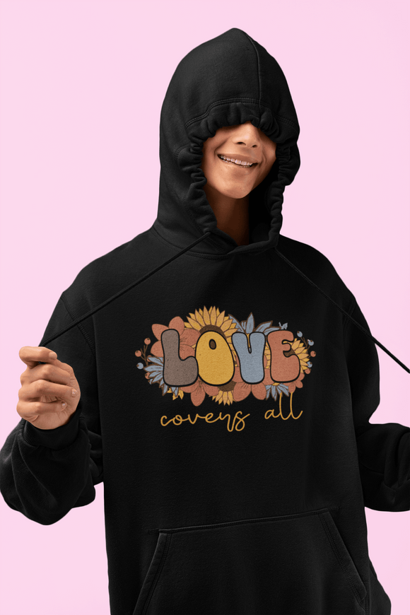 Love Covers All Floral Hoodie Inspirational Faith Sweatshirt - Encore2woBlackS