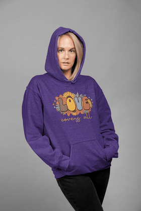 Love Covers All Floral Hoodie Inspirational Faith Sweatshirt - Encore2woPurpleS