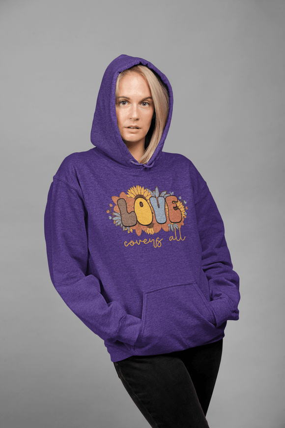 Love Covers All Floral Hoodie Inspirational Faith Sweatshirt - Encore2woPurpleS