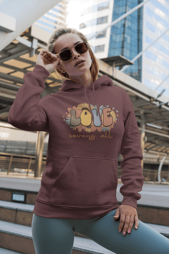 Love Covers All Floral Hoodie Inspirational Faith Sweatshirt - Encore2woLight PinkS