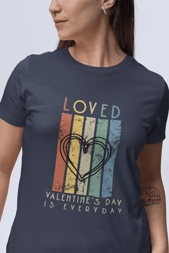 Loved Retro Heart Graphic Tee Valentines Day Is Everyday Shirt - Encore2woNavyS
