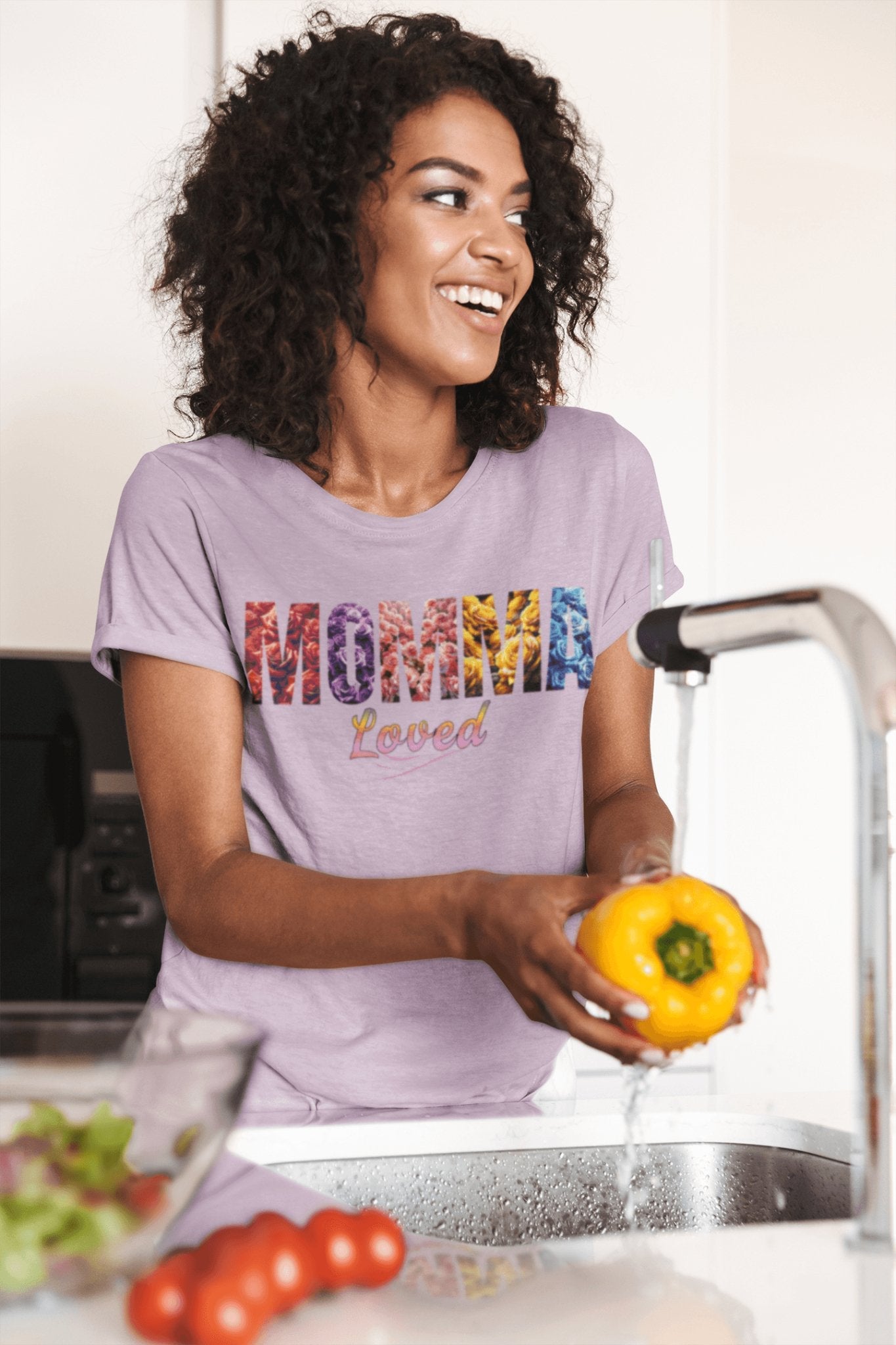 Momma Loved Floral T-Shirt - Multicolored Flower Script Comfort Colors Tee - Encore2woIvoryS