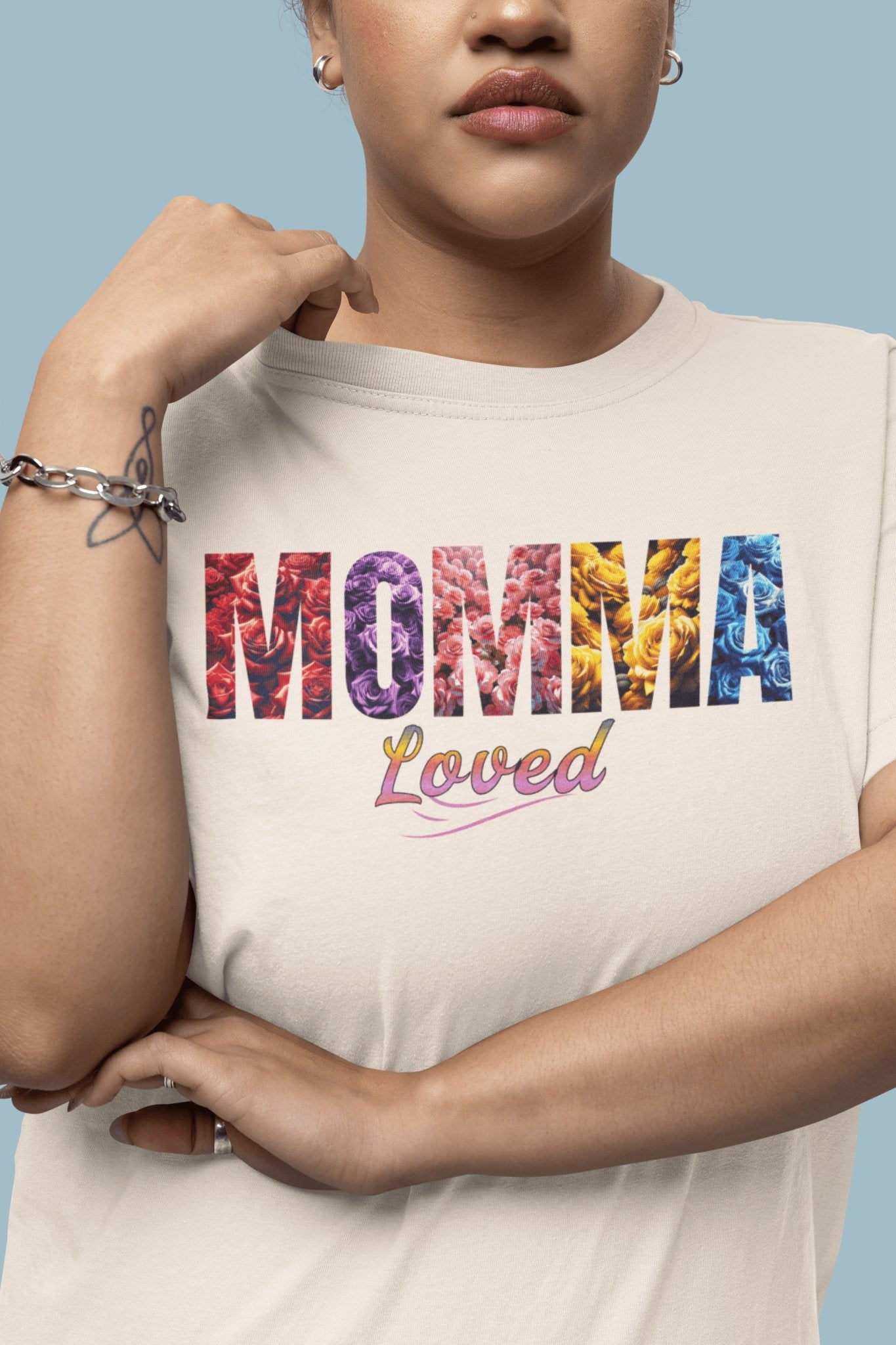 Momma Loved Floral T-Shirt - Multicolored Flower Script Comfort Colors Tee - Encore2woIvoryS