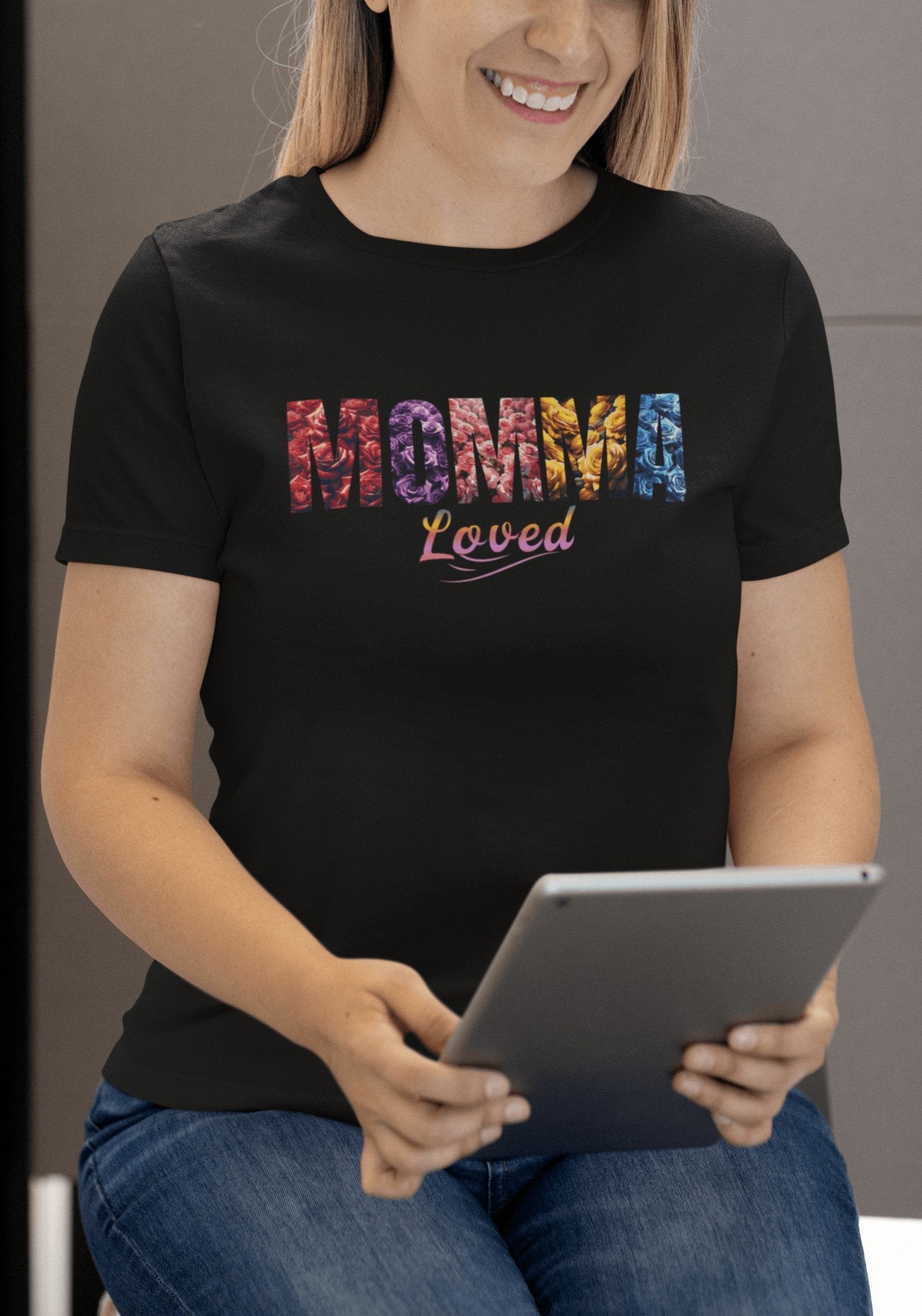 Momma Loved Floral T-Shirt - Multicolored Flower Script Comfort Colors Tee - Encore2woIvoryS