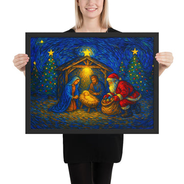 Nativity Night Santa Brings Gifts to Baby Jesus 18x24 Framed Print - Encore2wo