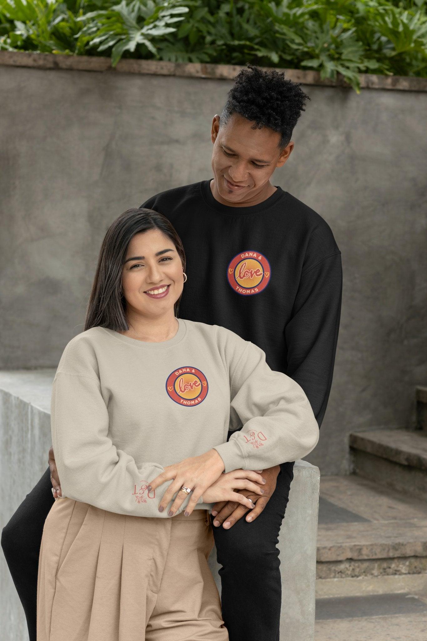 Personalized Custom Couples Name Logo Sweatshirt, Couple Shirt, Initial On Sleeve - Encore2woSBlack