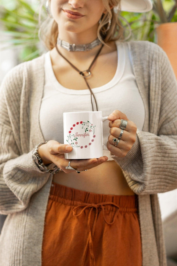 Personalized Floral Name Mug - Customizable 12oz Ceramic - Encore2wo