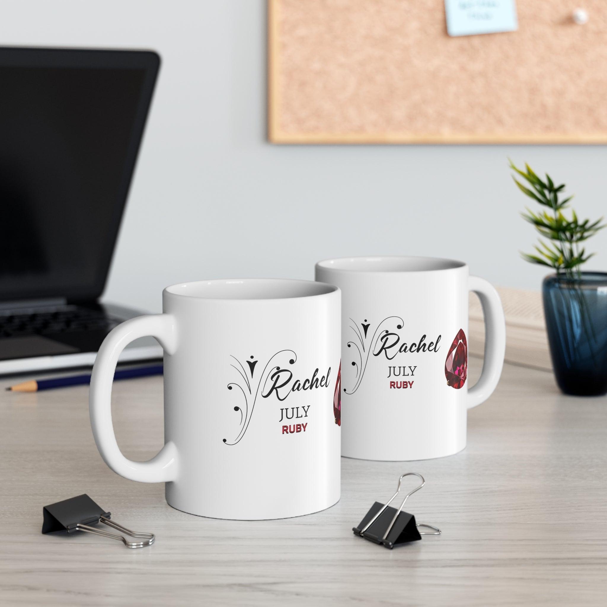 Personalized Name Birthstone Ceramic Mug 11oz with Birthstone Image and Month - Encore2wo11oz