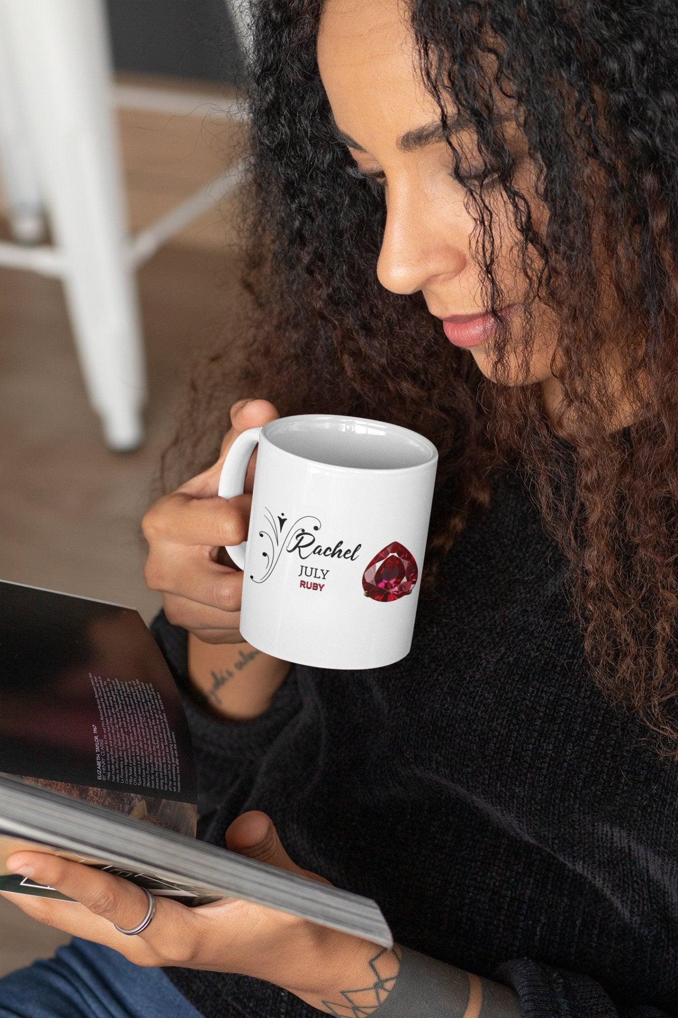 Personalized Name Birthstone Ceramic Mug 11oz with Birthstone Image and Month - Encore2wo11oz