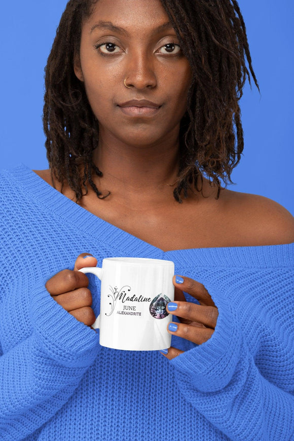 Personalized Name Birthstone Ceramic Mug 11oz with Birthstone Image and Month - Encore2wo11oz