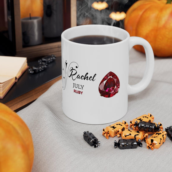 Personalized Name Birthstone Ceramic Mug 11oz with Birthstone Image and Month - Encore2wo11oz