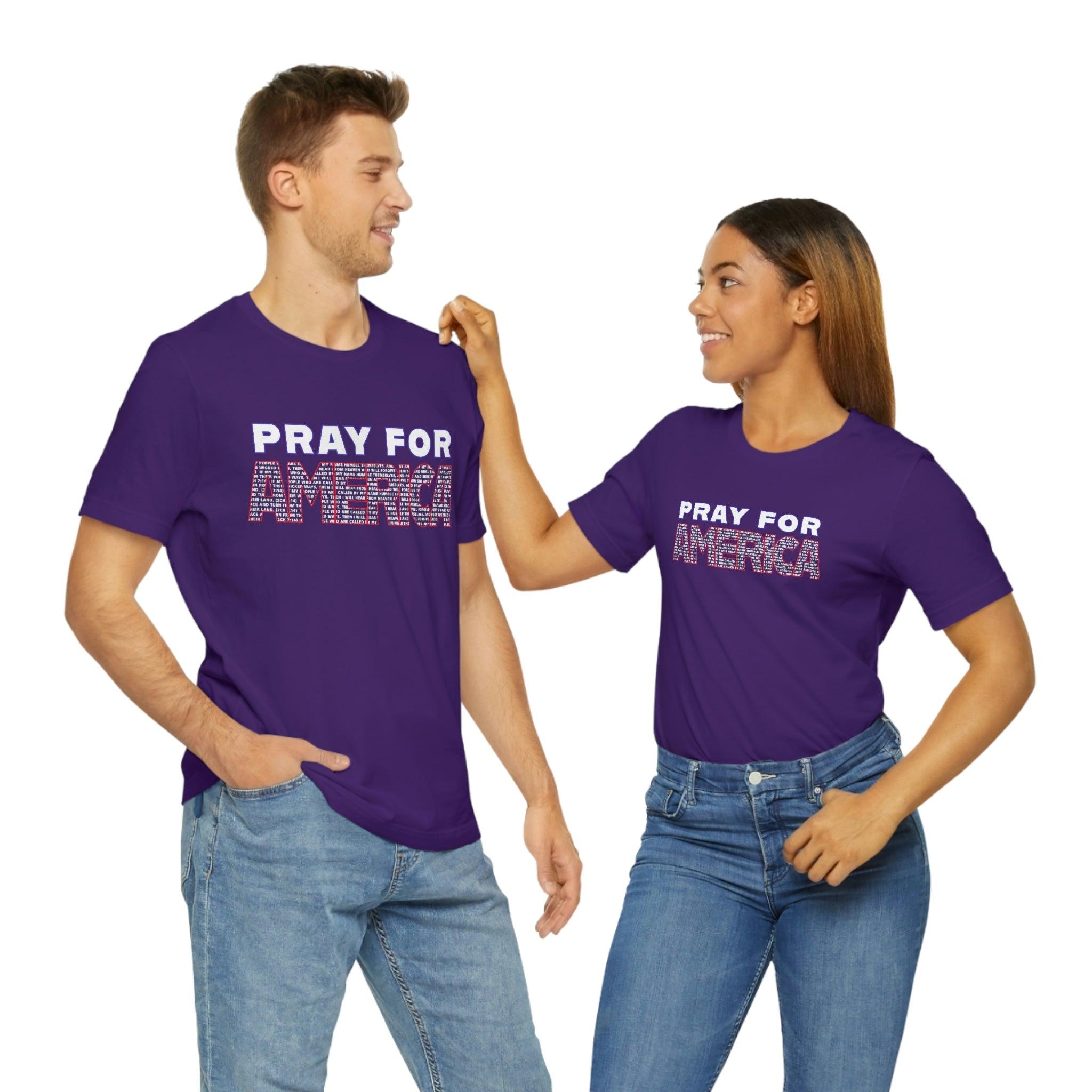 Pray For America with 2 Chronicles 7:14 Inscribed Unisex Short Sleeve Tee - Encore2woTeam PurpleS