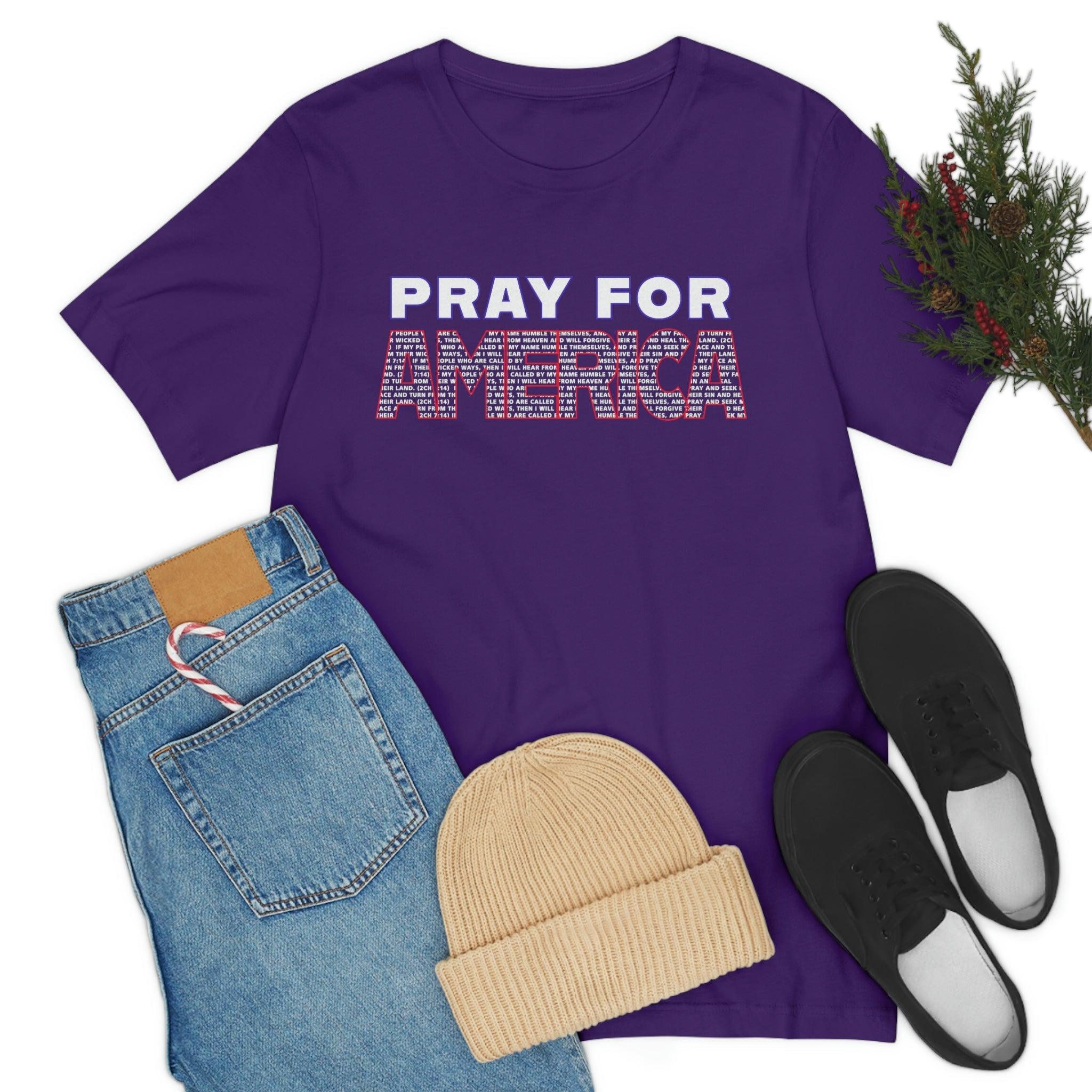 Pray For America with 2 Chronicles 7:14 Inscribed Unisex Short Sleeve Tee - Encore2woTeam PurpleS