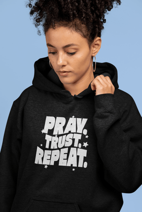 Pray Trust Repeat Unisex Christian Hoodie Faith Sweatshirt - Encore2woBlackS