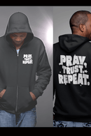 Pray Trust Repeat Zip Hoodie Front and Back Print Christian Sweatshirt - Encore2woSBlack