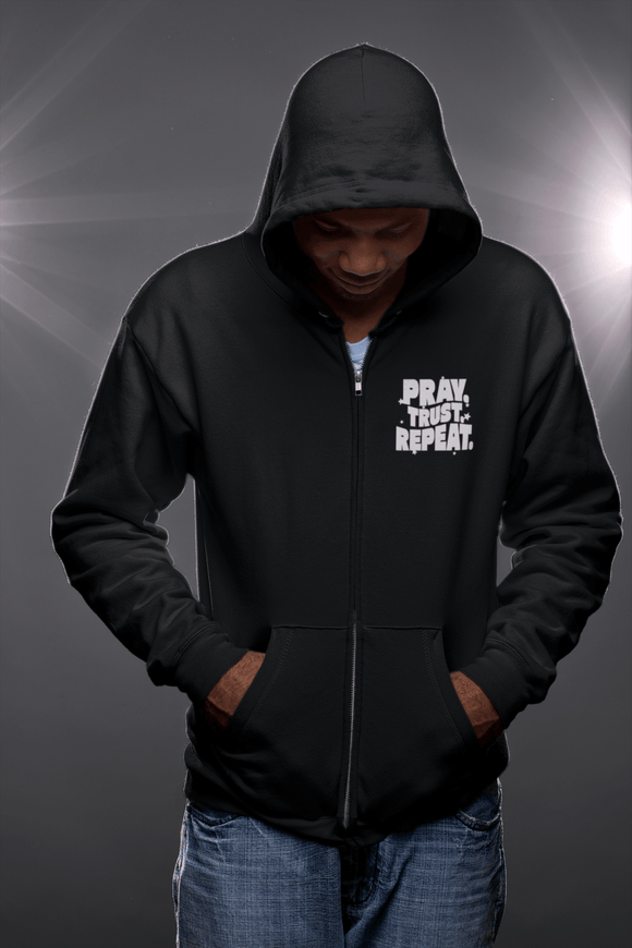Pray Trust Repeat Zip Hoodie Front and Back Print Christian Sweatshirt - Encore2woSNavy