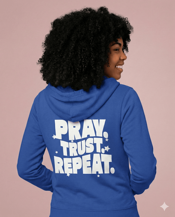 Pray Trust Repeat Zip Hoodie Front and Back Print Christian Sweatshirt - Encore2woSNavy