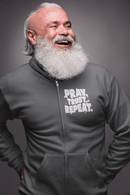 Pray Trust Repeat Zip Hoodie Front and Back Print Christian Sweatshirt - Encore2woSCharcoal Heather