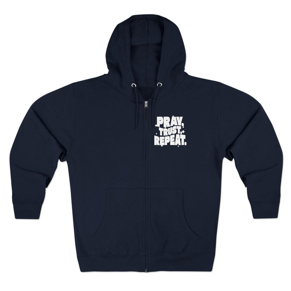 Pray Trust Repeat Zip Hoodie Front and Back Print Christian Sweatshirt - Encore2woSNavy